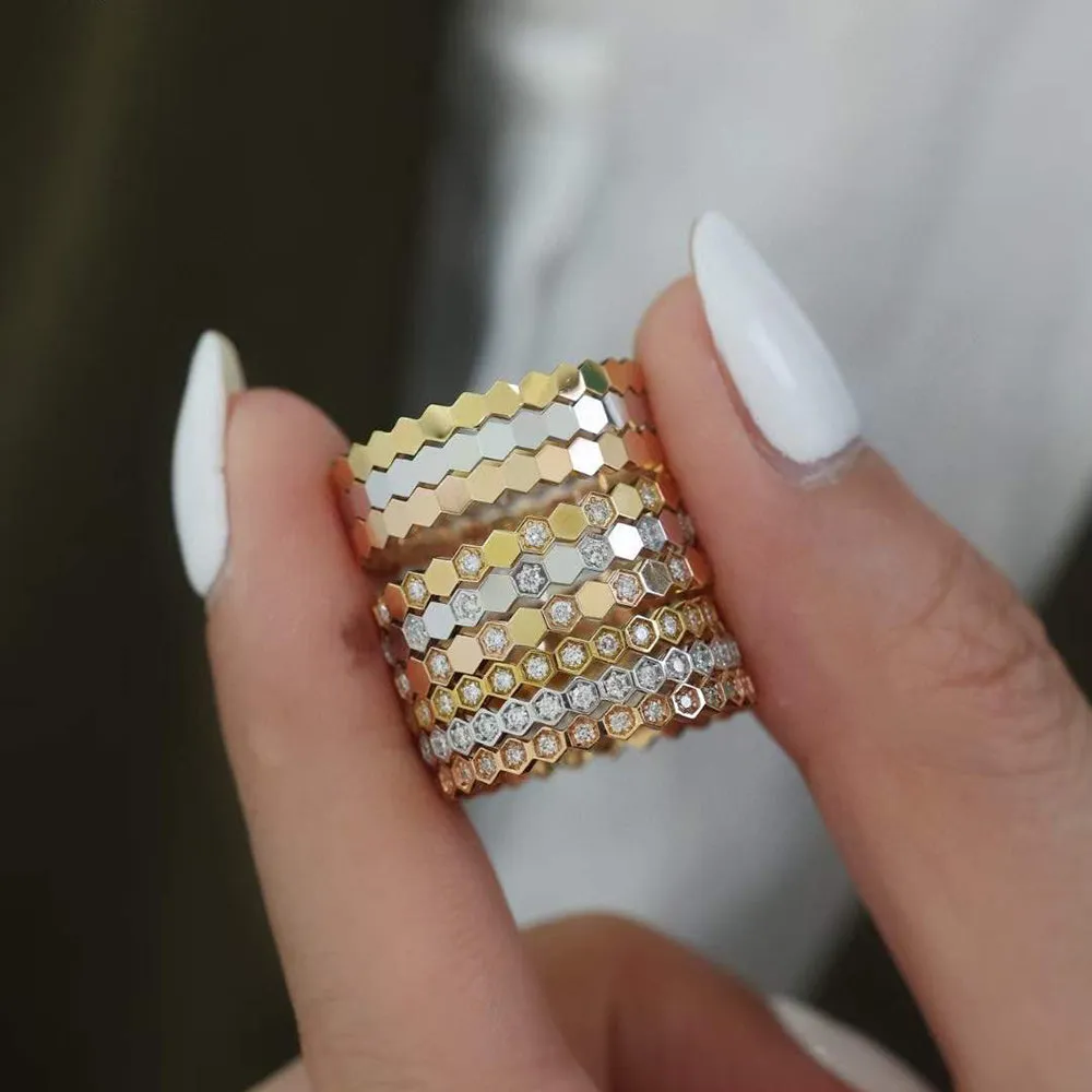18K Solid Gold Natural Diamond Rings Honeycomb Geometric Charm Elegant Jewelry 5-8