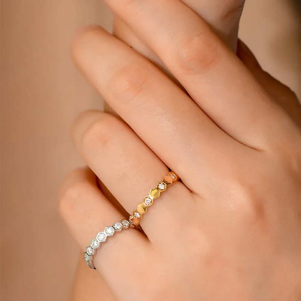 18K Solid Gold Natural Diamond Rings Honeycomb Geometric Charm Elegant Jewelry 5-8