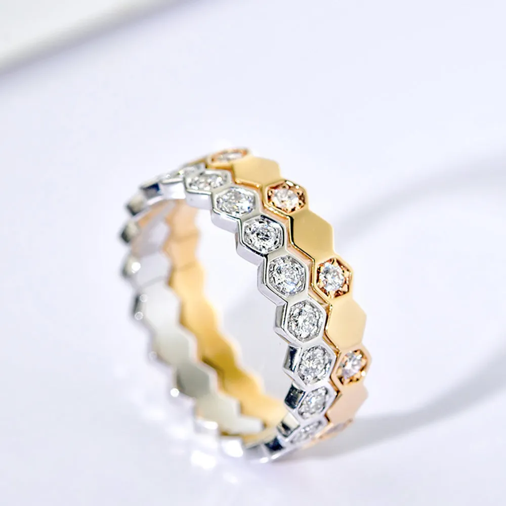18K Solid Gold Natural Diamond Rings Honeycomb Geometric Charm Elegant Jewelry 5-8
