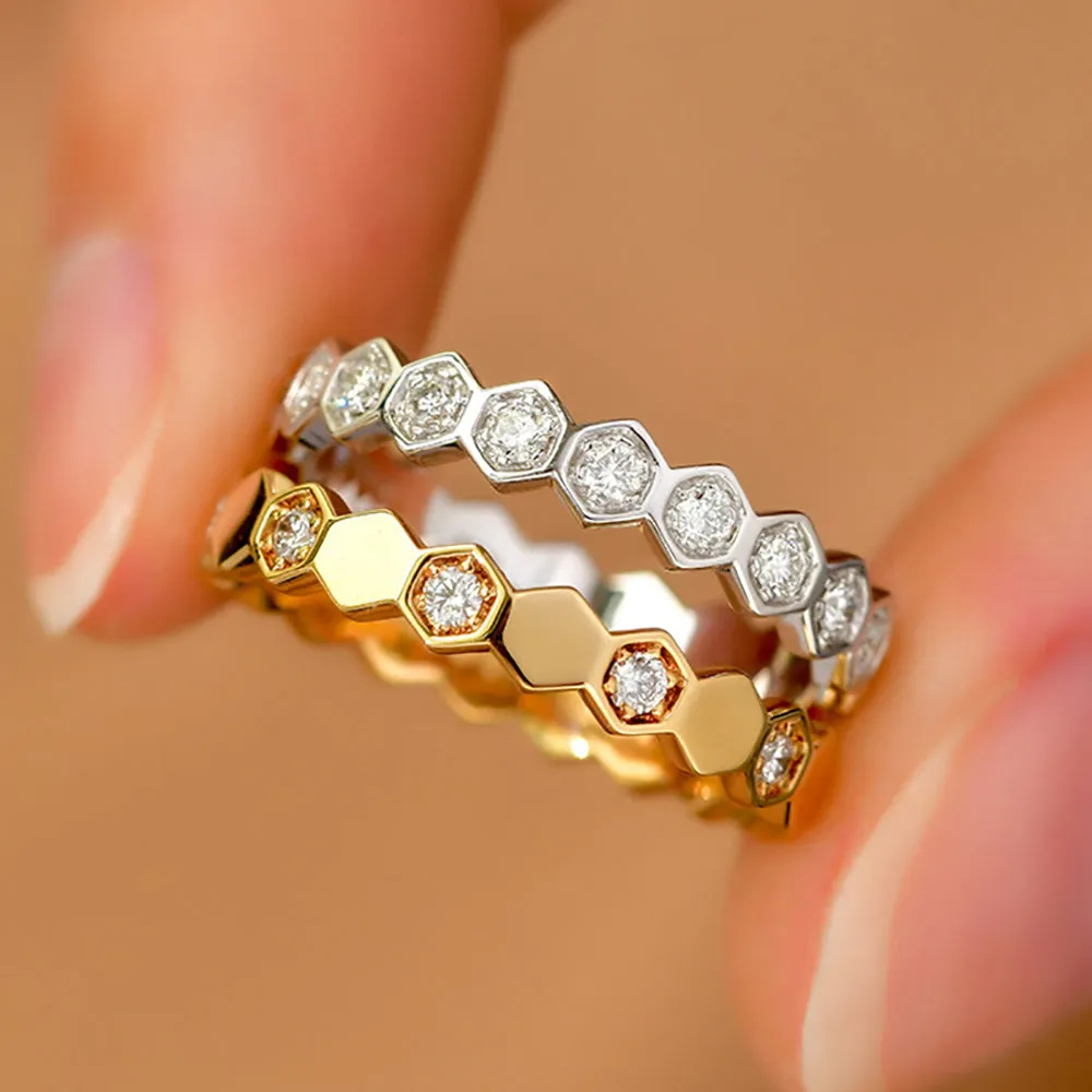 18K Solid Gold Natural Diamond Rings Honeycomb Geometric Charm Elegant Jewelry 5-8