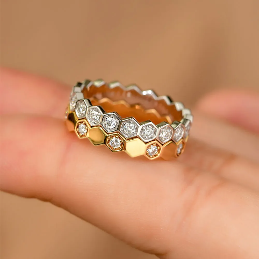 18K Solid Gold Natural Diamond Rings Honeycomb Geometric Charm Elegant Jewelry 5-8