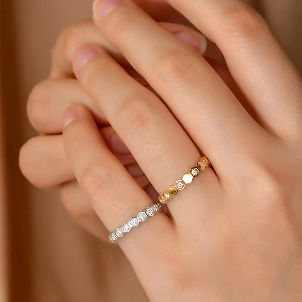 18K Solid Gold Natural Diamond Rings Honeycomb Geometric Charm Elegant Jewelry 5-8