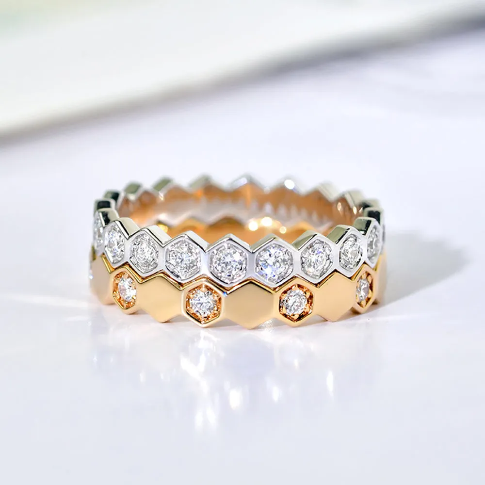 18K Solid Gold Natural Diamond Rings Honeycomb Geometric Charm Elegant Jewelry 5-8