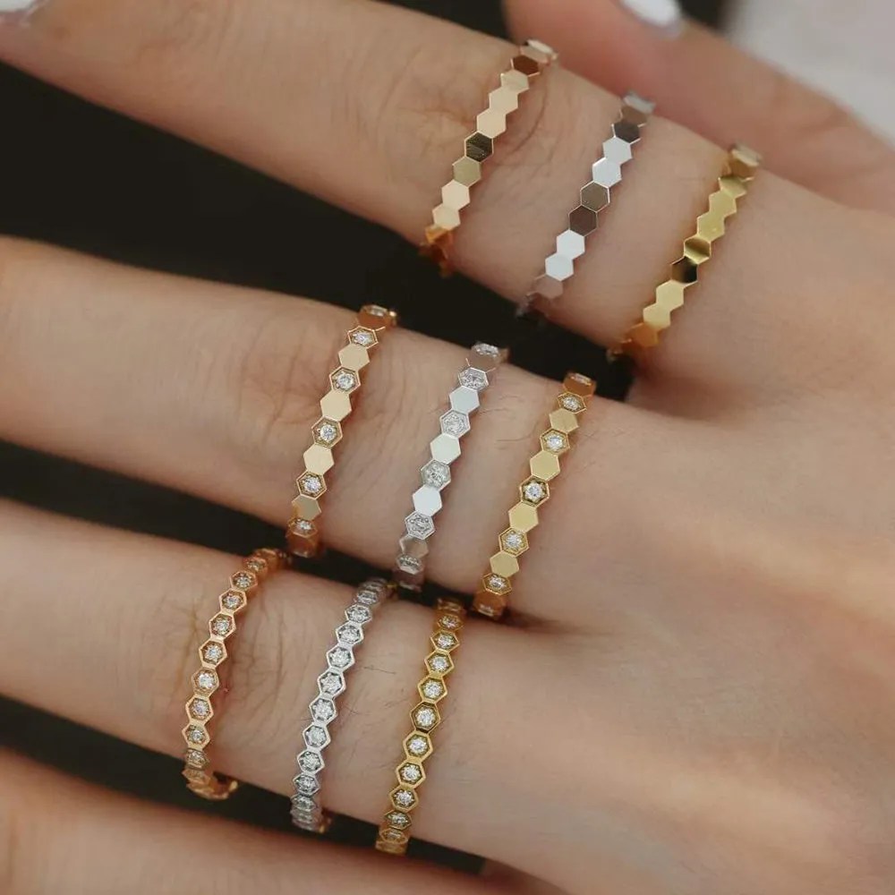 18K Solid Gold Natural Diamond Rings Honeycomb Geometric Charm Elegant Jewelry 5-8