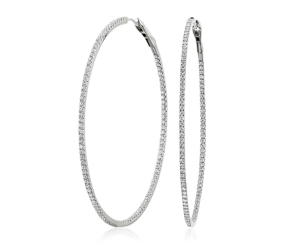 18kt White Gold Thin Inside Out Pave Diamond Hoop Earrings, 2.00TCW