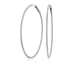 18kt White Gold Thin Inside Out Pave Diamond Hoop Earrings, 2.00TCW