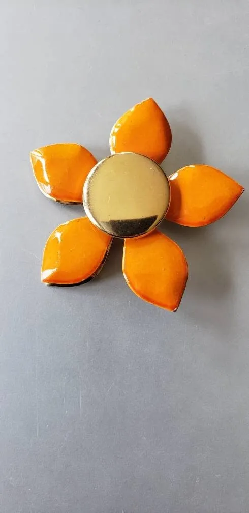 1960s Large Enamel Flower Pin Orange & Gold / 60s Mod Jewelry Chunky Floral Brooch Garden Party Spring Summer