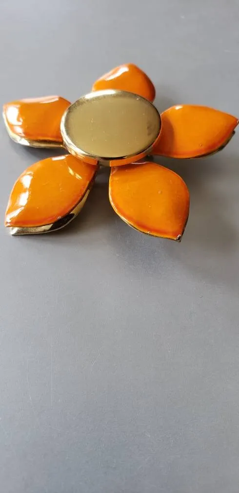 1960s Large Enamel Flower Pin Orange & Gold / 60s Mod Jewelry Chunky Floral Brooch Garden Party Spring Summer