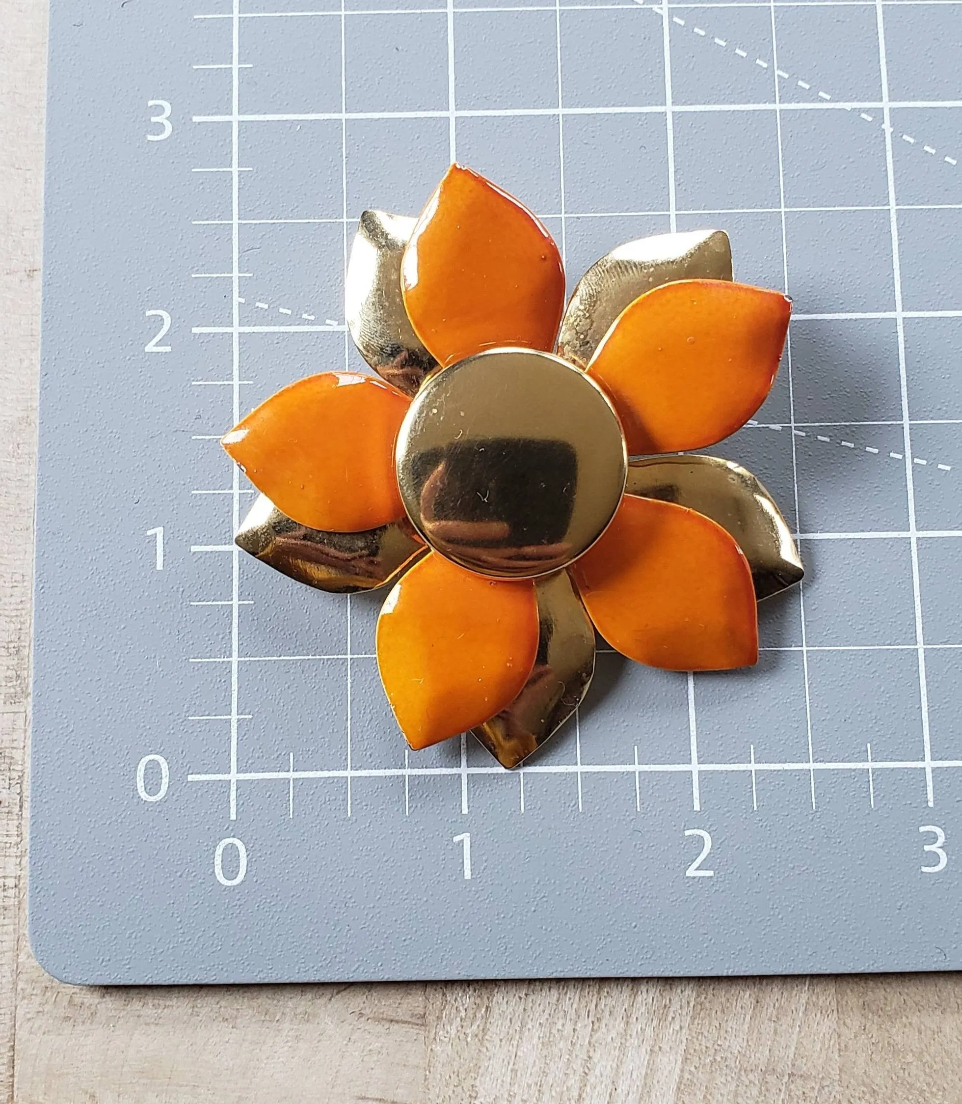 1960s Large Enamel Flower Pin Orange & Gold / 60s Mod Jewelry Chunky Floral Brooch Garden Party Spring Summer