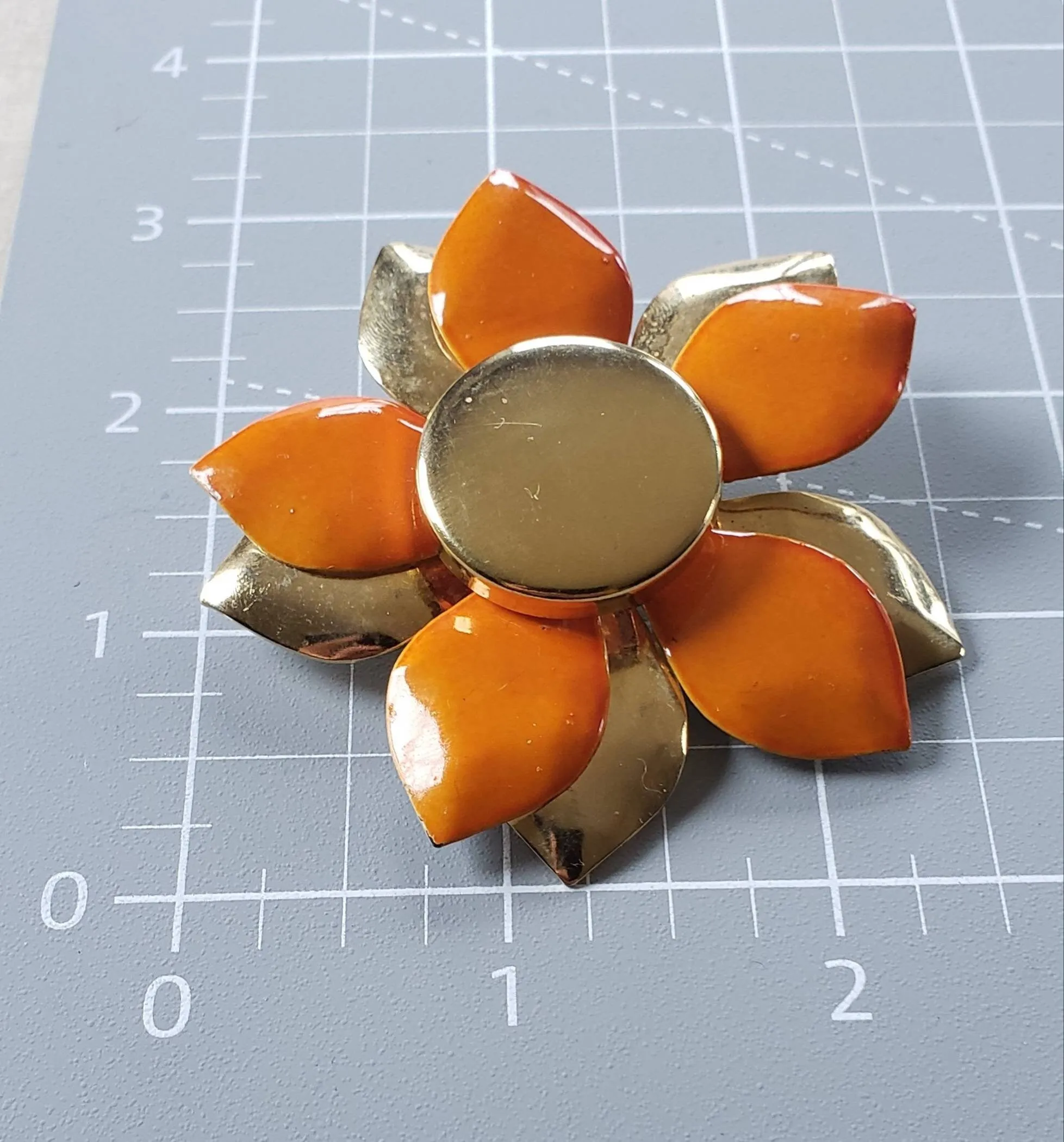 1960s Large Enamel Flower Pin Orange & Gold / 60s Mod Jewelry Chunky Floral Brooch Garden Party Spring Summer