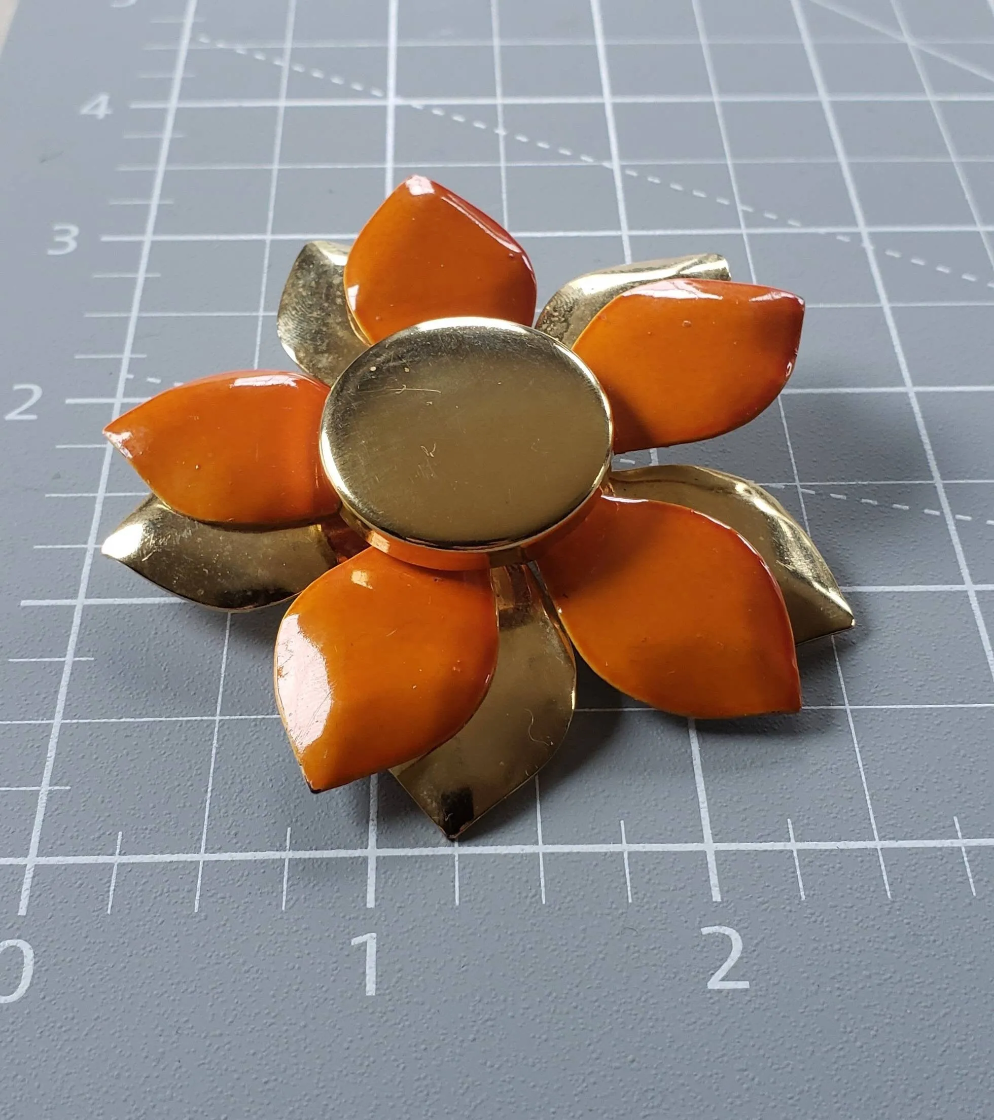 1960s Large Enamel Flower Pin Orange & Gold / 60s Mod Jewelry Chunky Floral Brooch Garden Party Spring Summer