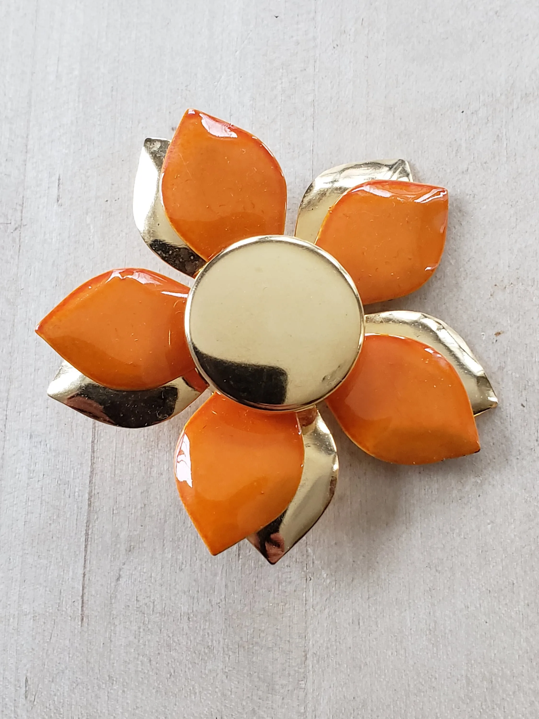 1960s Large Enamel Flower Pin Orange & Gold / 60s Mod Jewelry Chunky Floral Brooch Garden Party Spring Summer