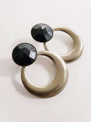 1980s Oversized Earrings Black and Silver Hoop Dangles / Melisandre