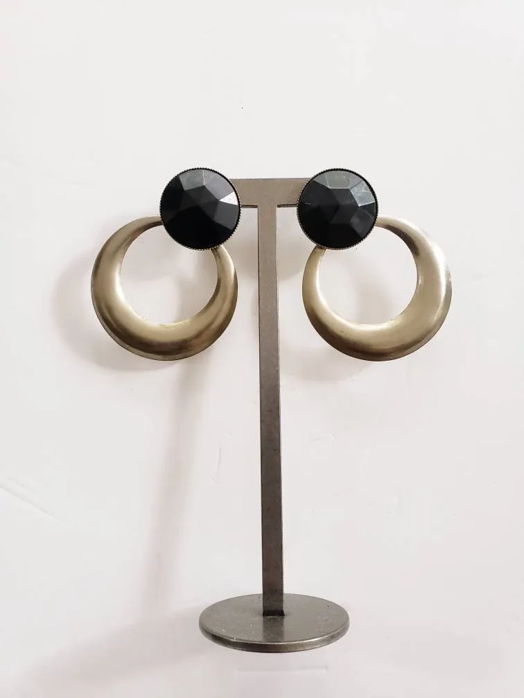 1980s Oversized Earrings Black and Silver Hoop Dangles / Melisandre