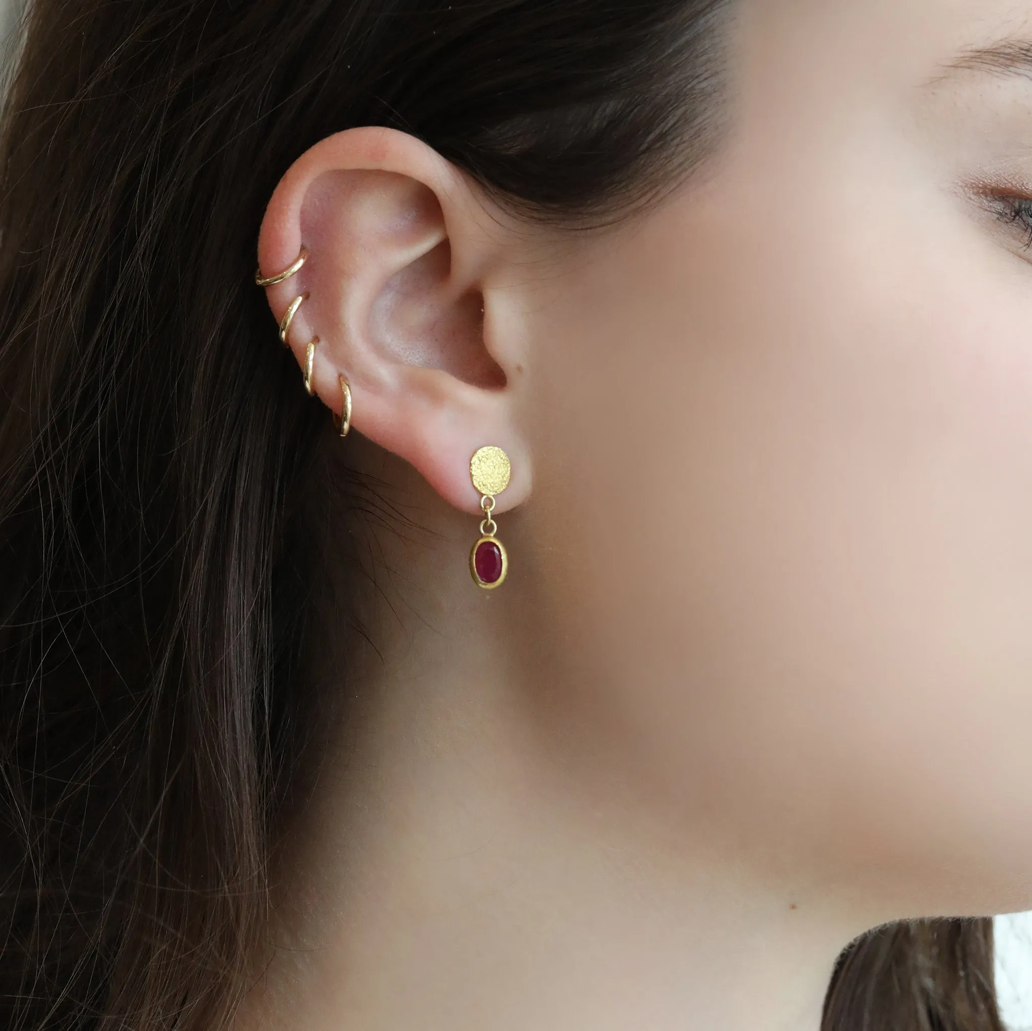 22K Gold Oval Pink Ruby Earrings with Silk Textured Disc Posts