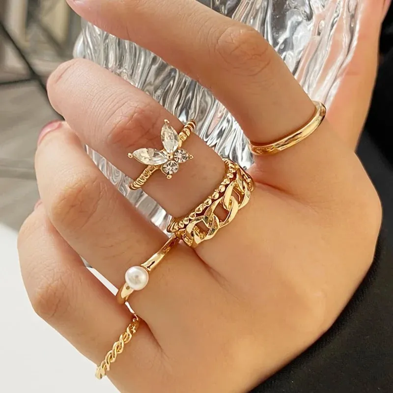 24PCS Gold Heart & Butterfly Ring Set