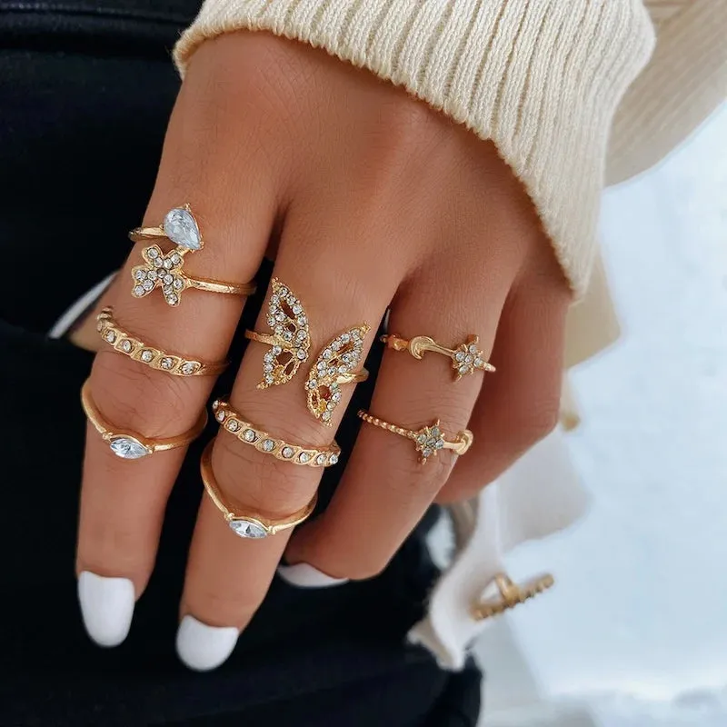 24PCS Gold Heart & Butterfly Ring Set