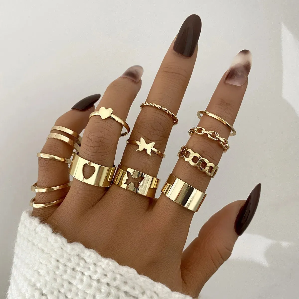 24PCS Gold Heart & Butterfly Ring Set