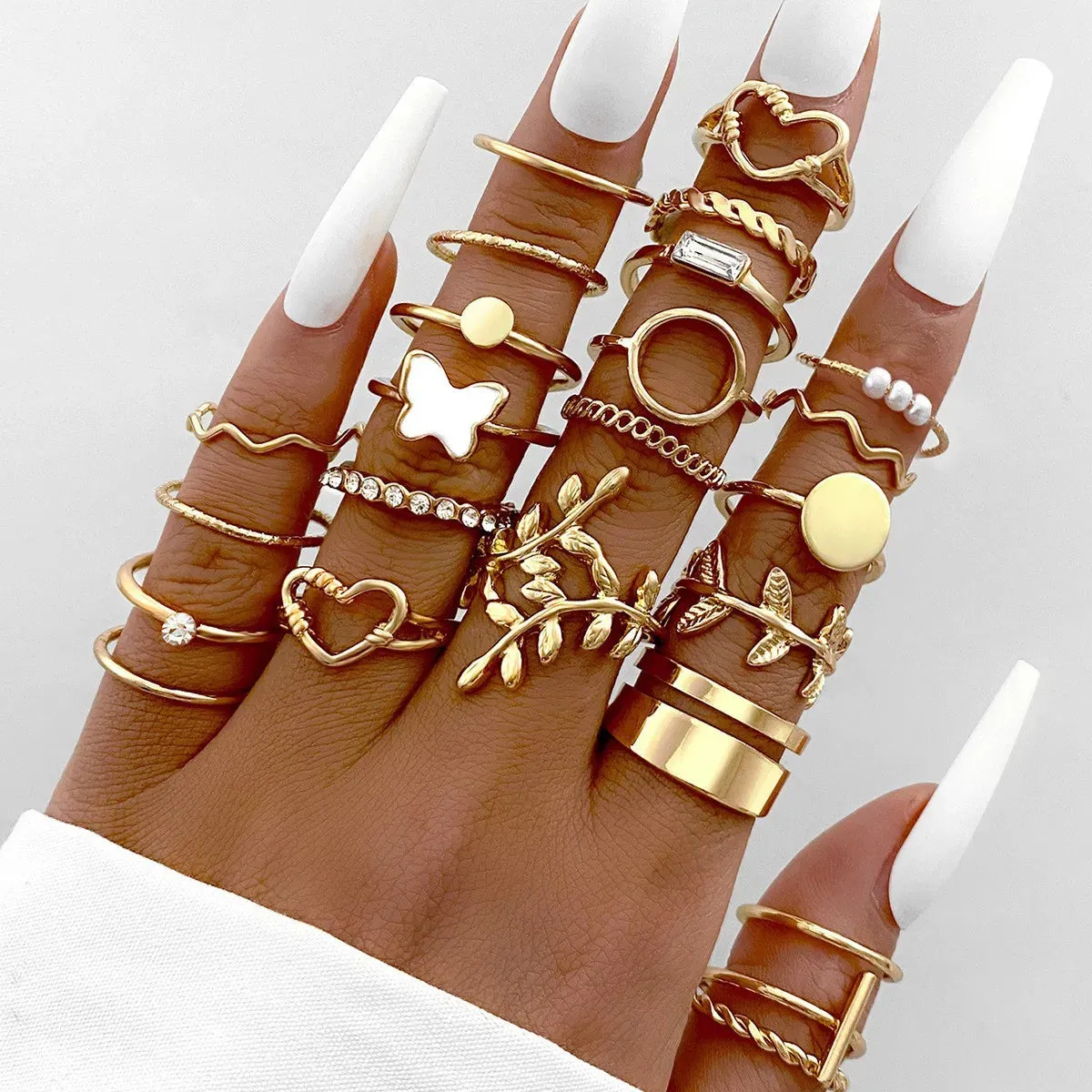 24PCS Gold Heart & Butterfly Ring Set