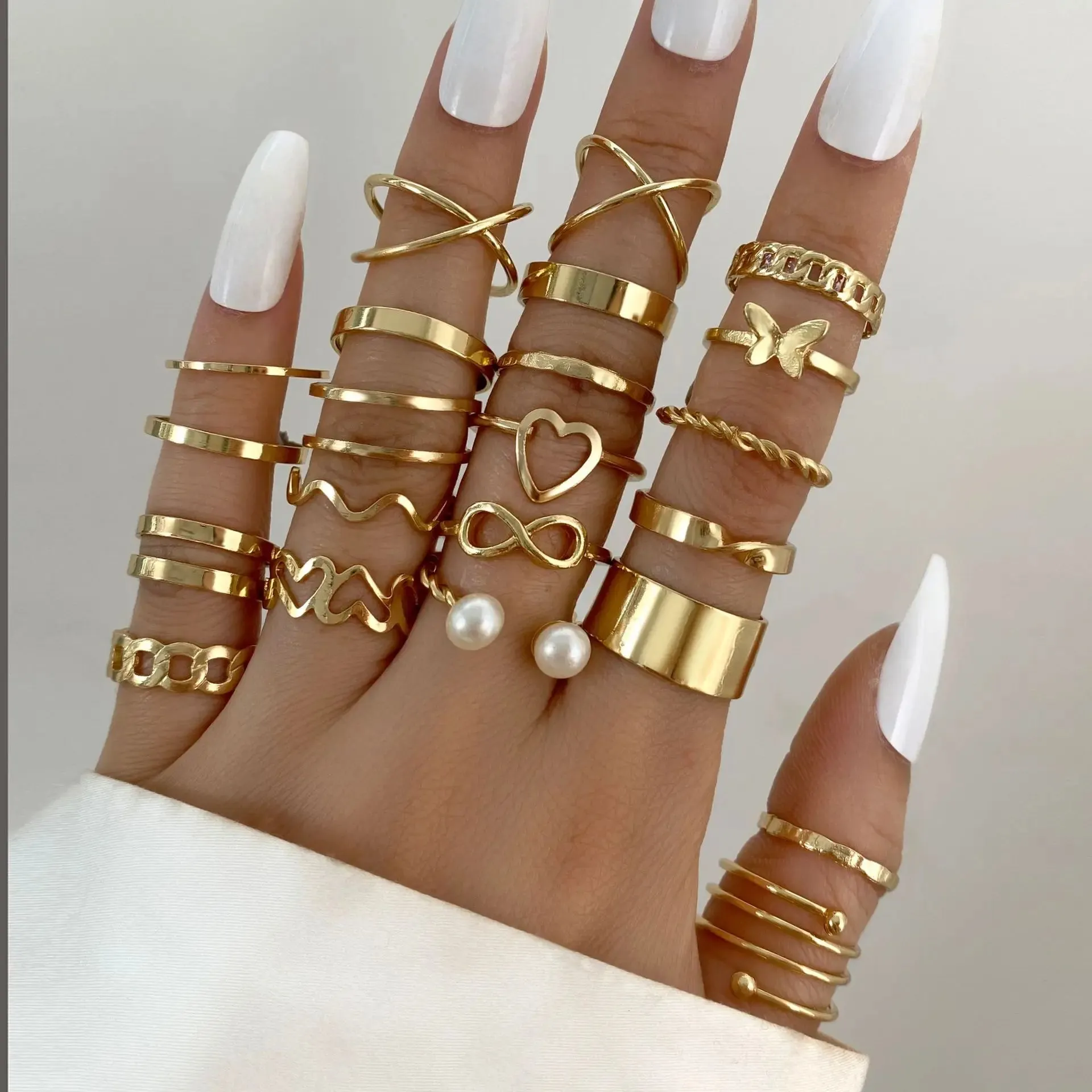 24PCS Gold Heart & Butterfly Ring Set