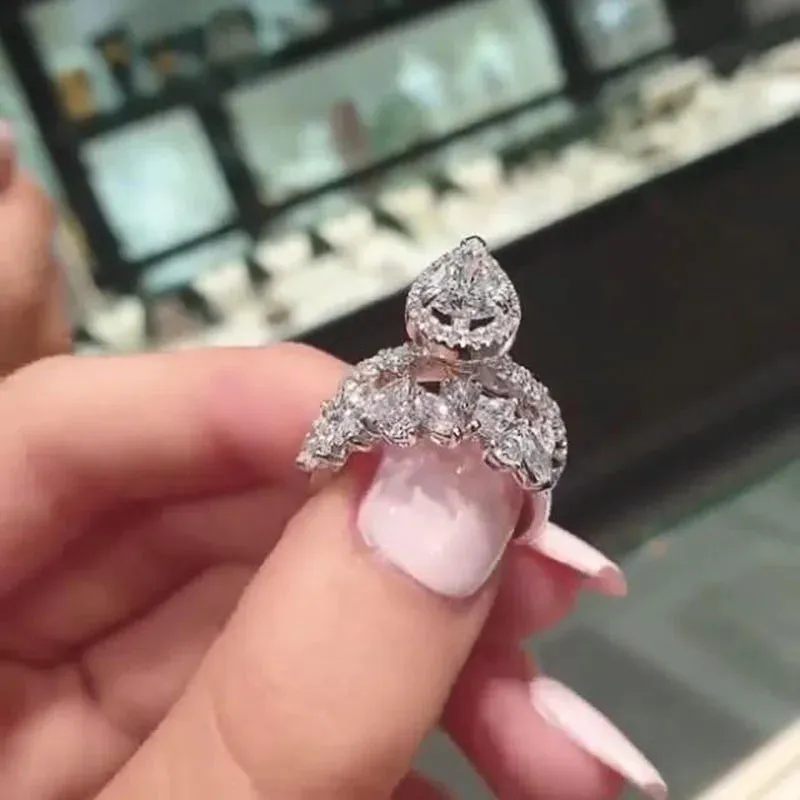 2Pcs/Set Women Rings with Dazzling Cubic Zirconia Romantic Teardrop CZ Ring Wedding Engage Party Lady's Jewelry