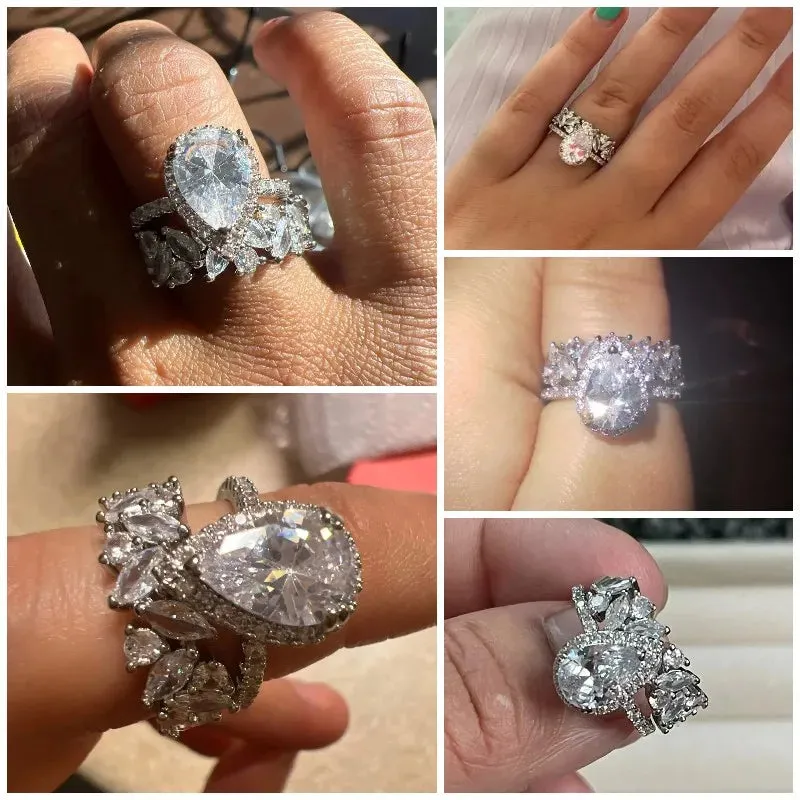 2Pcs/Set Women Rings with Dazzling Cubic Zirconia Romantic Teardrop CZ Ring Wedding Engage Party Lady's Jewelry
