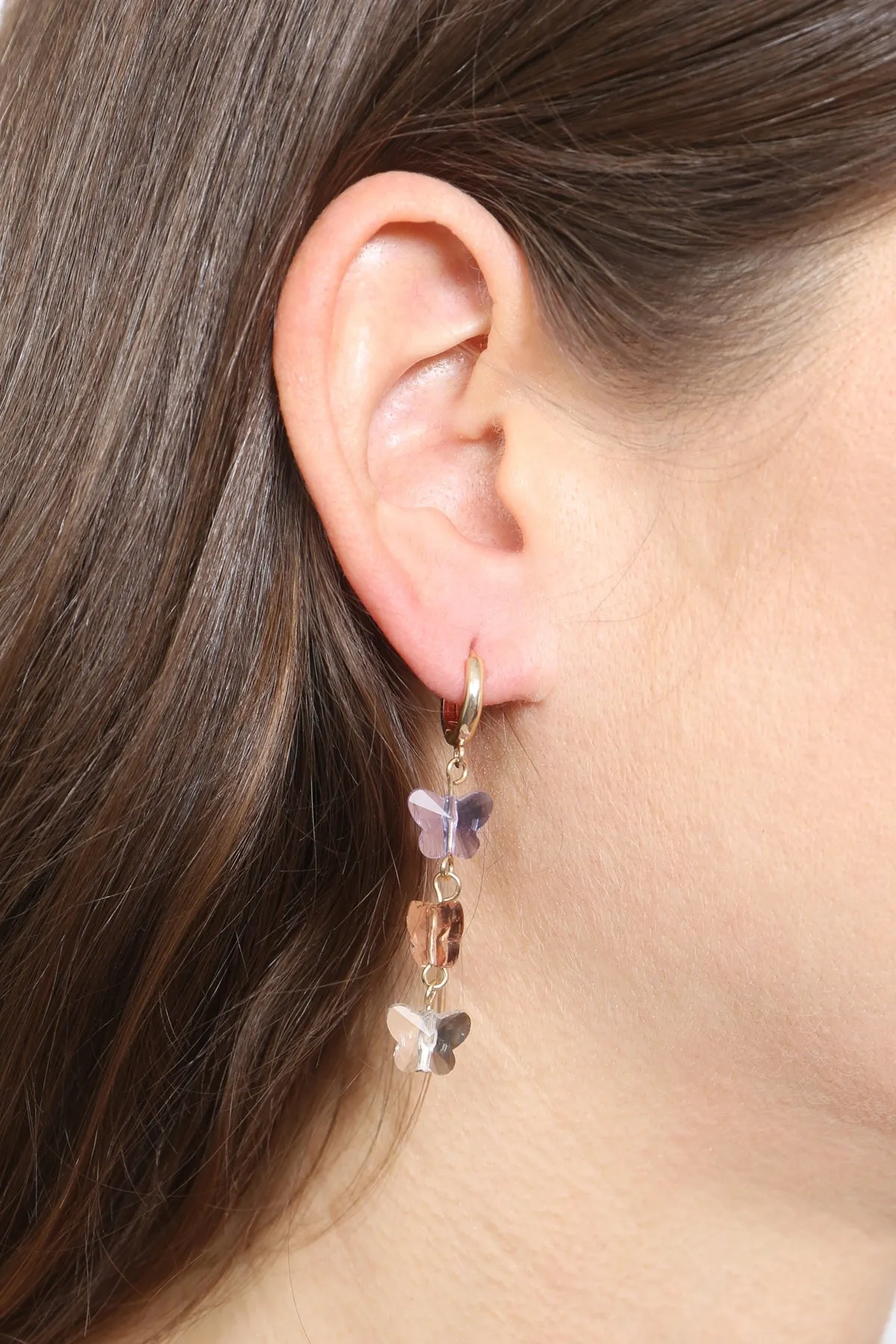 3 GLASS BUTTERFLY DROP HOOP EARRINGS