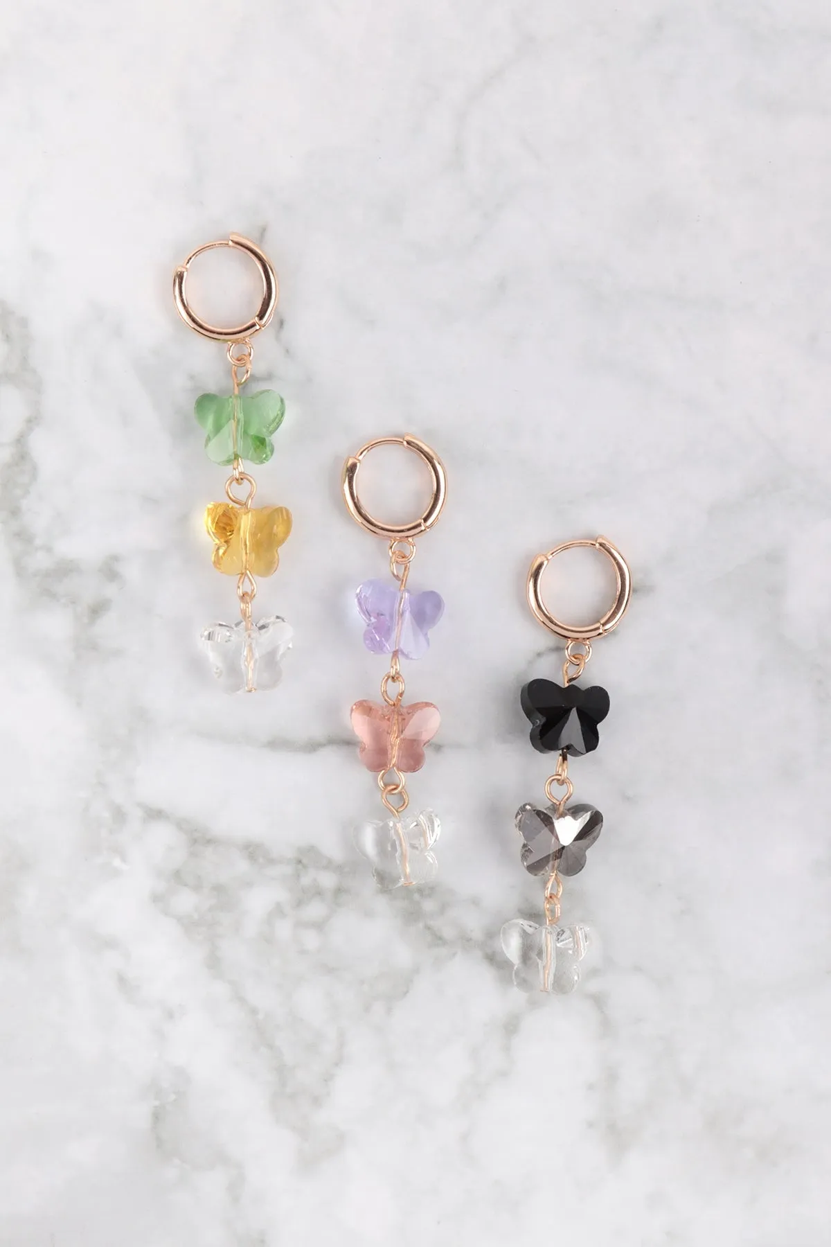 3 GLASS BUTTERFLY DROP HOOP EARRINGS