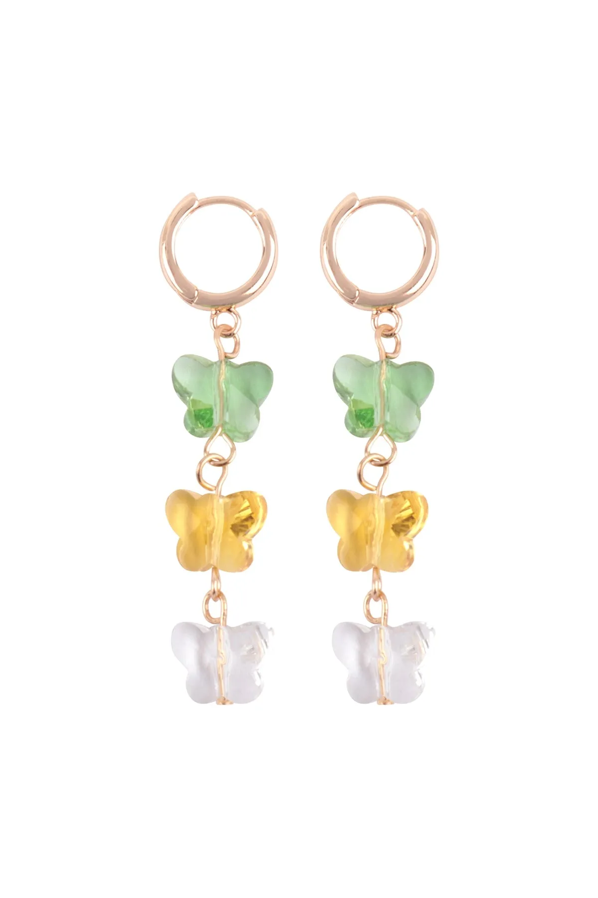 3 GLASS BUTTERFLY DROP HOOP EARRINGS