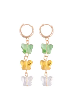 3 GLASS BUTTERFLY DROP HOOP EARRINGS
