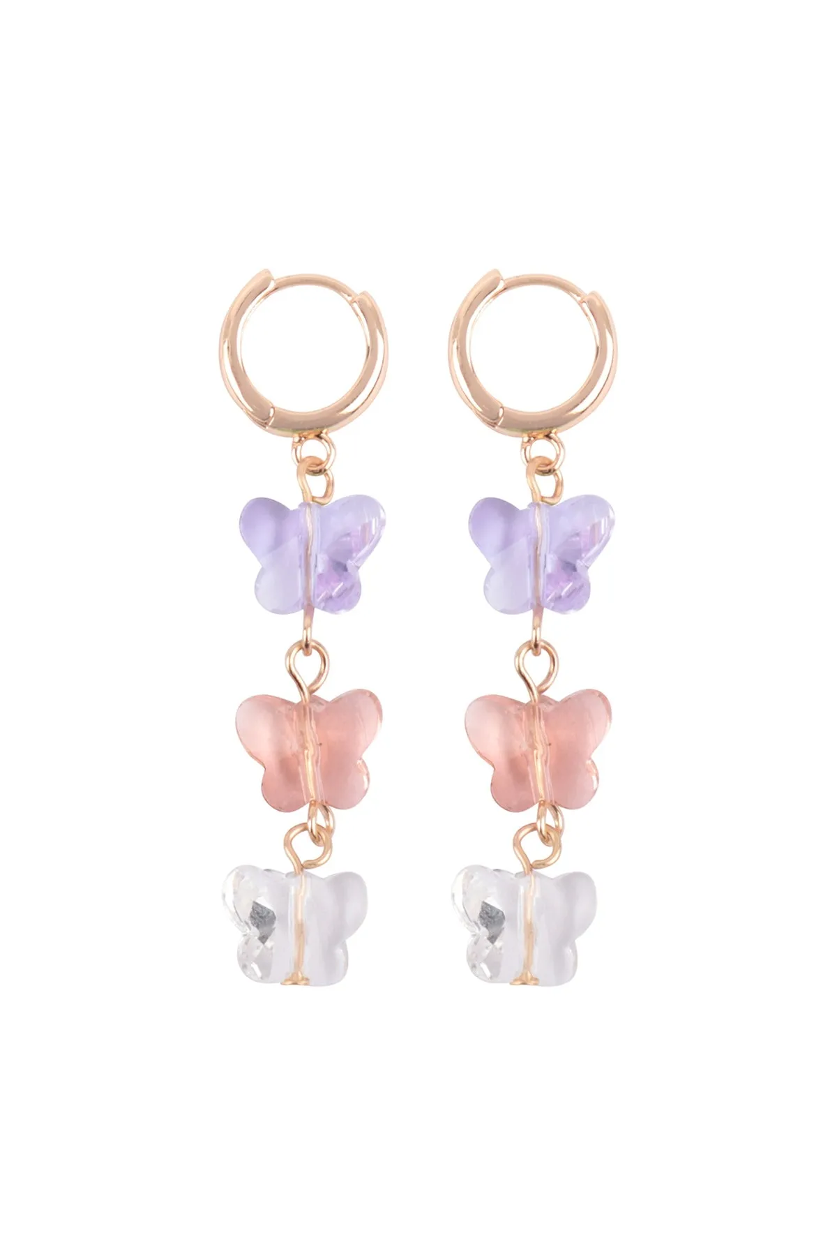 3 GLASS BUTTERFLY DROP HOOP EARRINGS