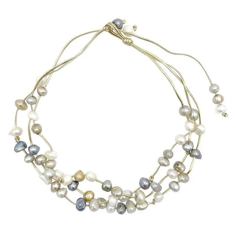 401-09-G | SHORT GOLD CORD 3-STRAND W/ MULTI PEARLS