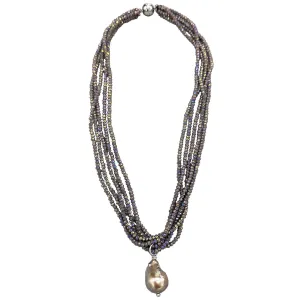 425-AMETHYST-S | 5-STRAND AMETHYST CRYSTAL & PEARL DROP