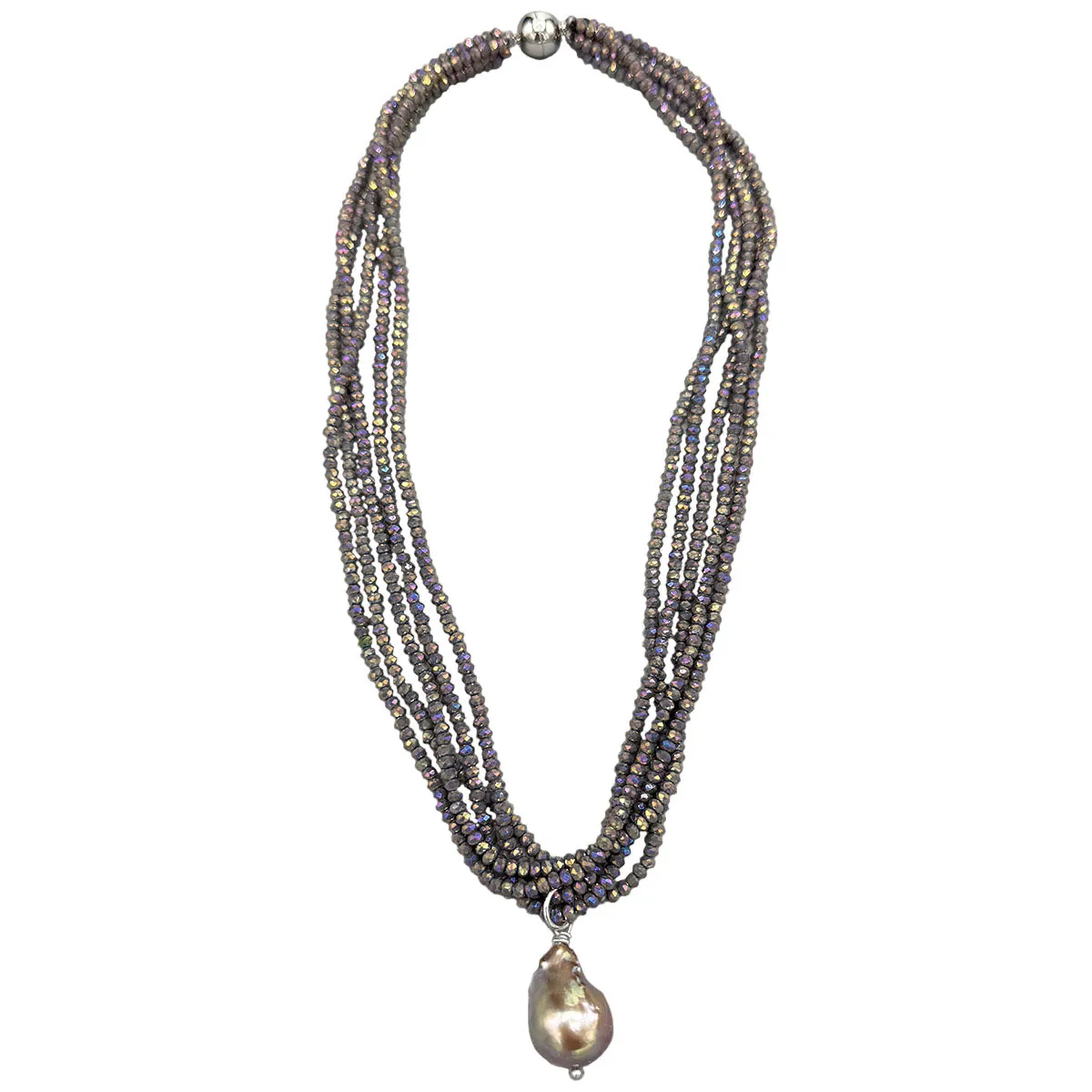 425-AMETHYST-S | 5-STRAND AMETHYST CRYSTAL & PEARL DROP