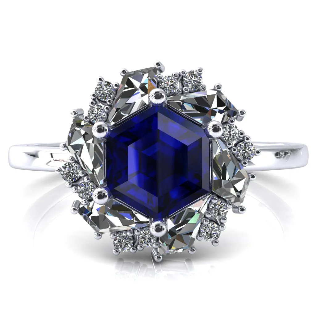 7.0mm Hexagon Center Kite Moissanite Cluster Halo Ring