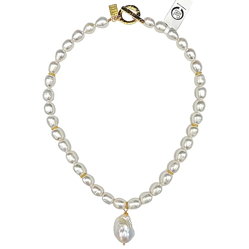 714-01-GP | FRESHWATER PEARL NECKLACE w/WILD PEARL DROP ON GOLD