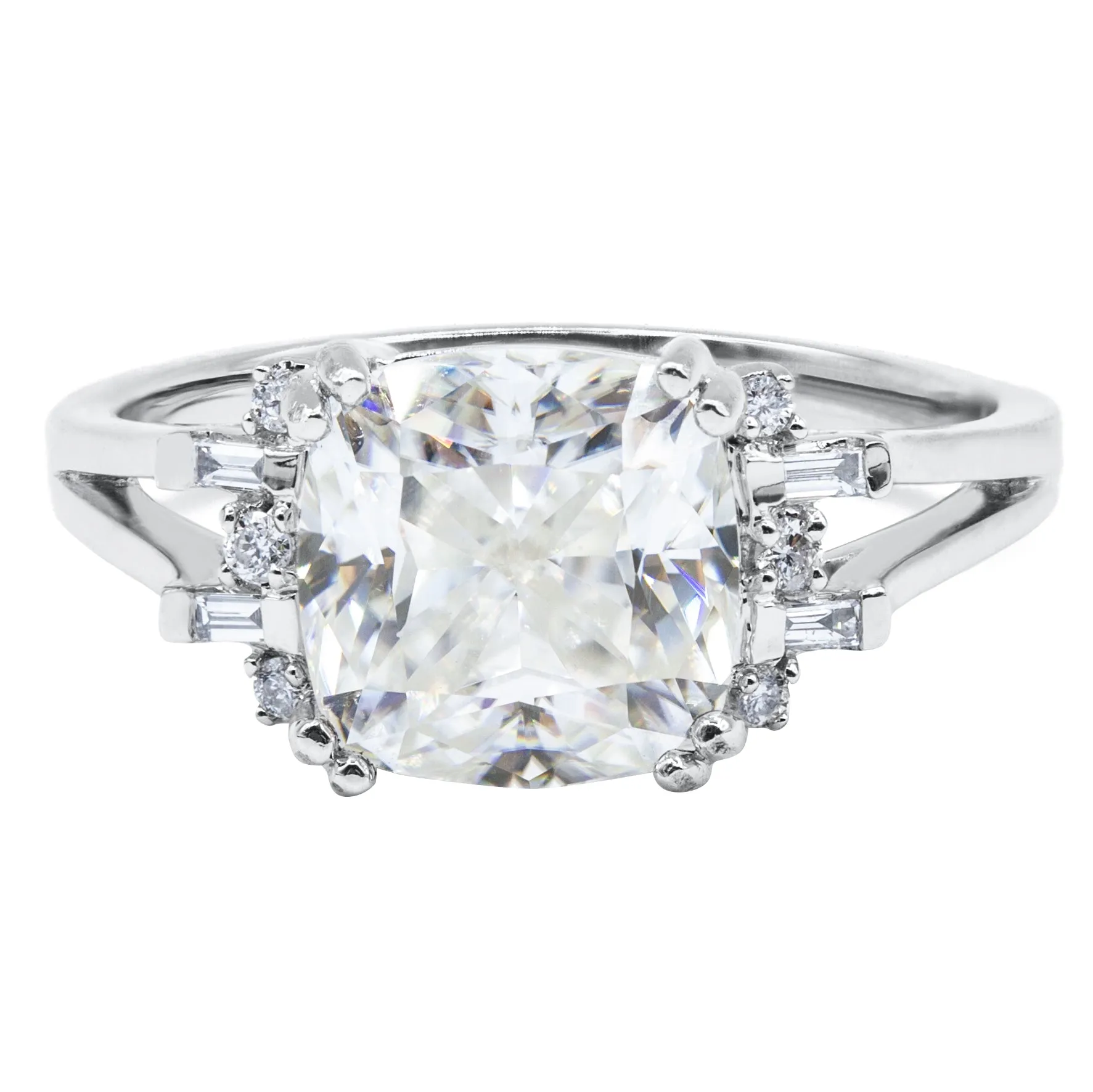 8.0mm Cushion Moissanite & Diamond 14k Gold Geometric Side Stone Ring