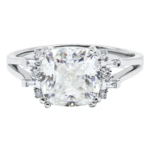 8.0mm Cushion Moissanite & Diamond 14k Gold Geometric Side Stone Ring