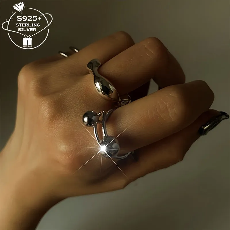 925 Silver Adjustable Open Ring Geometric Spherical Lightweight 2.7g