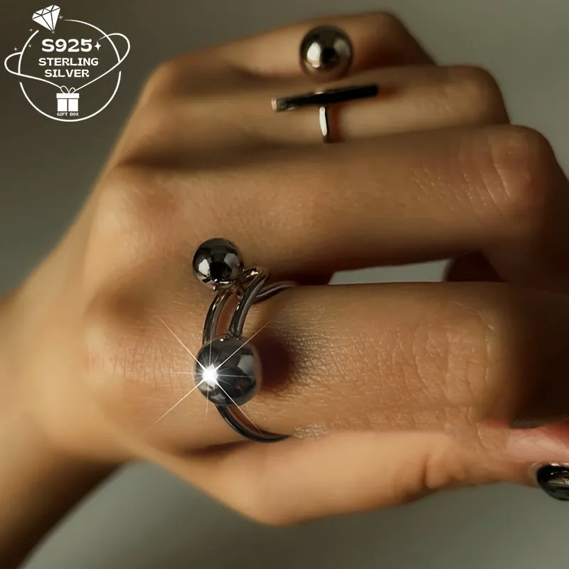 925 Silver Adjustable Open Ring Geometric Spherical Lightweight 2.7g