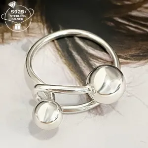 925 Silver Adjustable Open Ring Geometric Spherical Lightweight 2.7g
