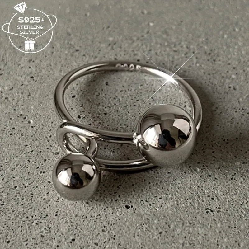 925 Silver Adjustable Open Ring Geometric Spherical Lightweight 2.7g