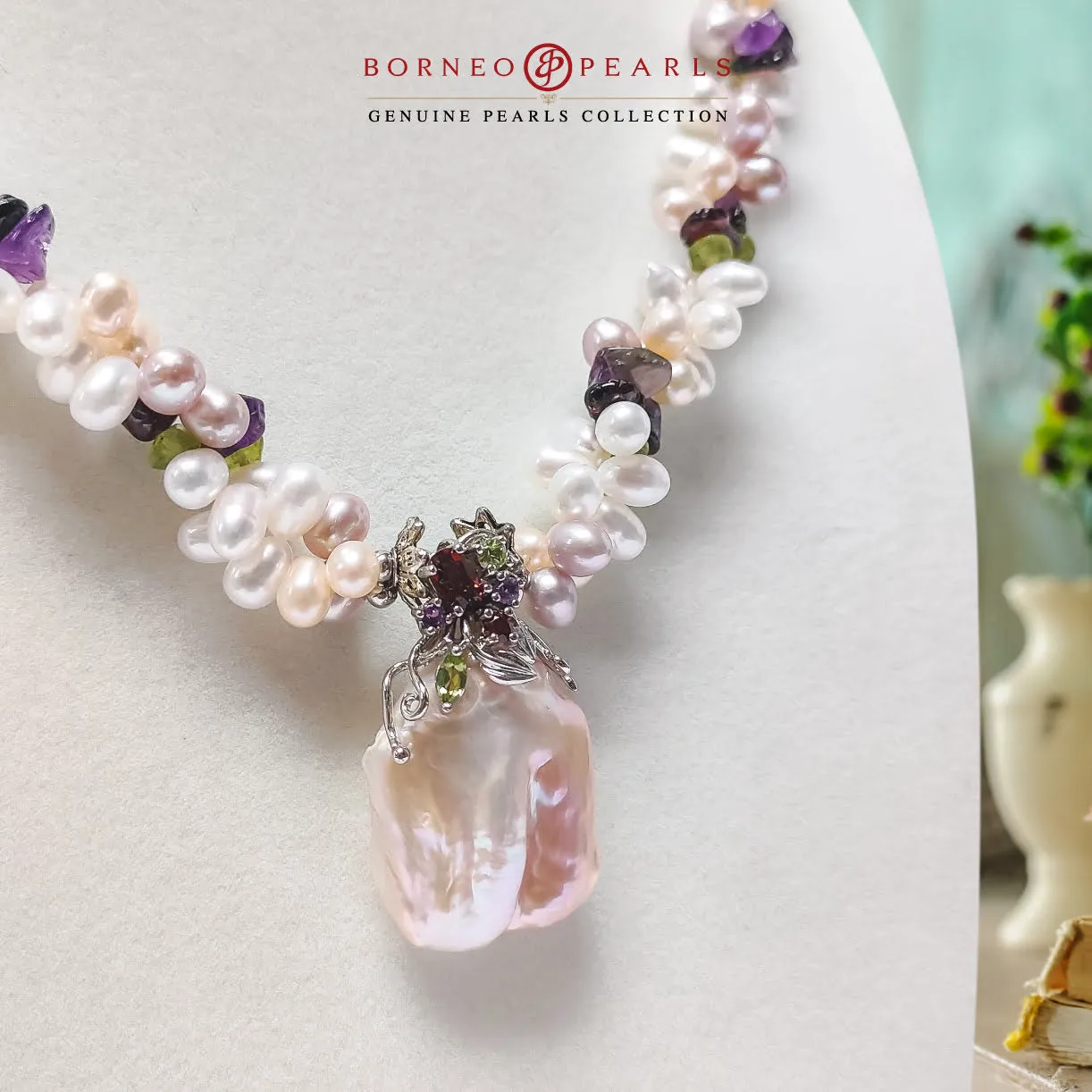 925 Silver Biwa with Gemstones Necklace