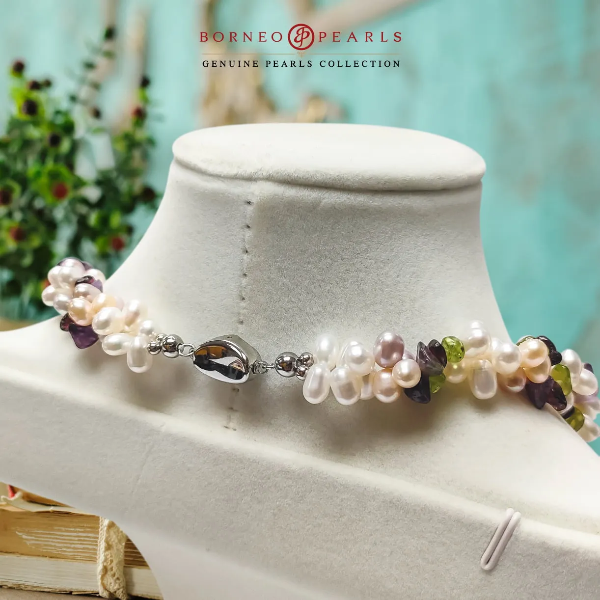 925 Silver Biwa with Gemstones Necklace