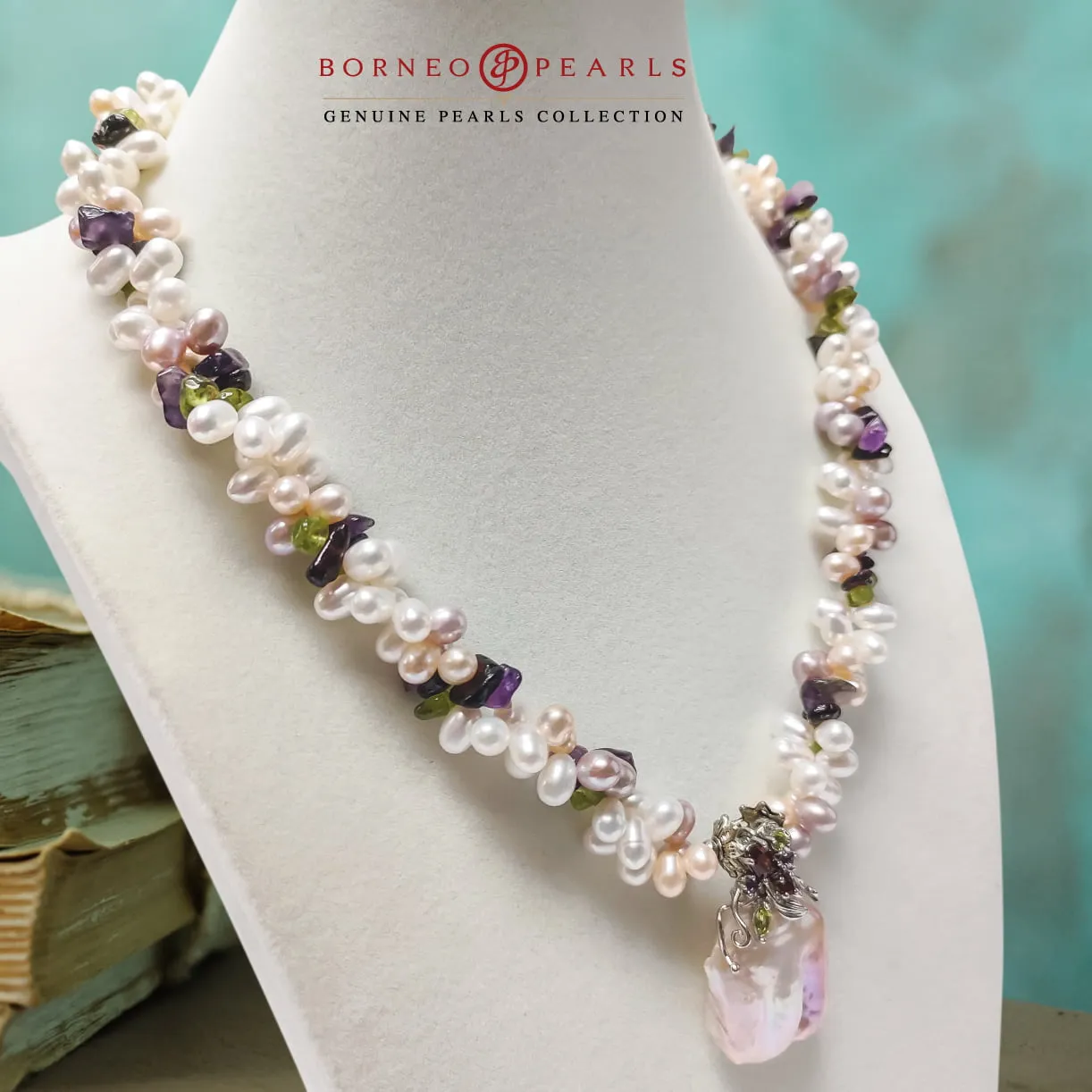 925 Silver Biwa with Gemstones Necklace