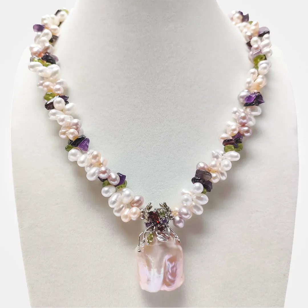 925 Silver Biwa with Gemstones Necklace