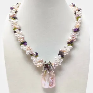 925 Silver Biwa with Gemstones Necklace