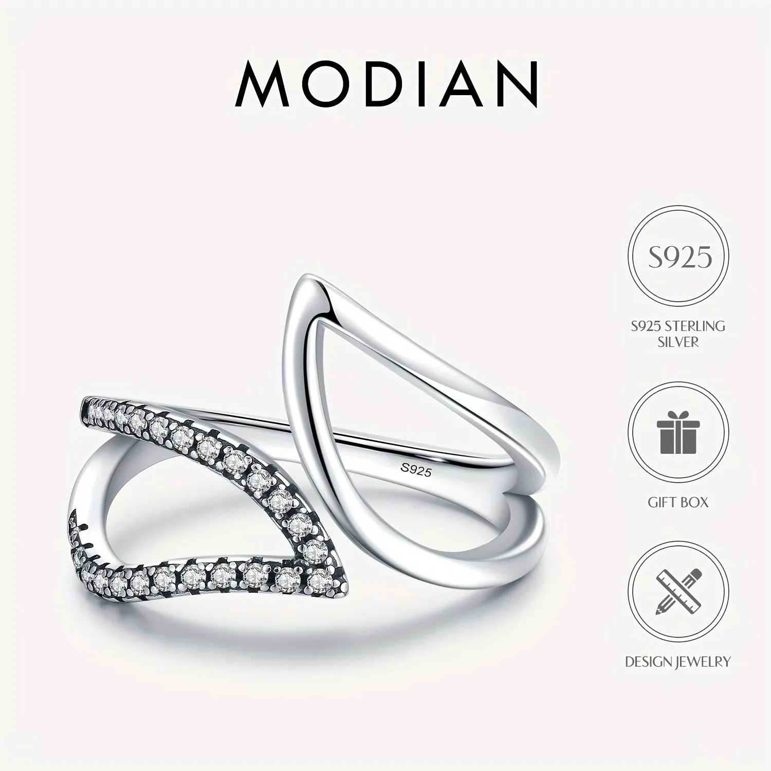 925 Silver Geometric Line Ring with CZ Vintage Style Jewelry