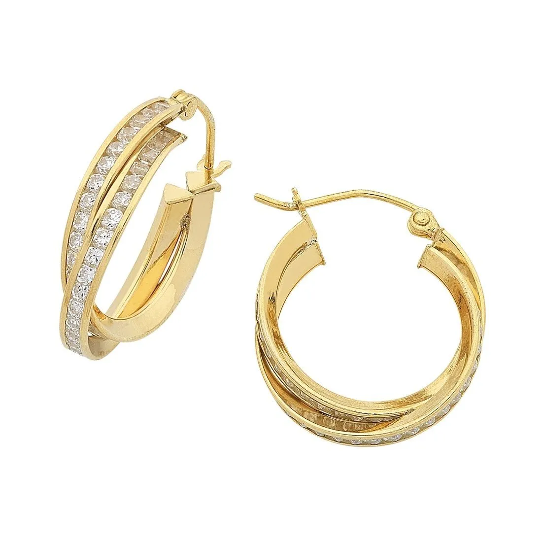 9ct Yellow Gold Silver Infused Cubic Zirconia Double Hoop Earrings 15mm