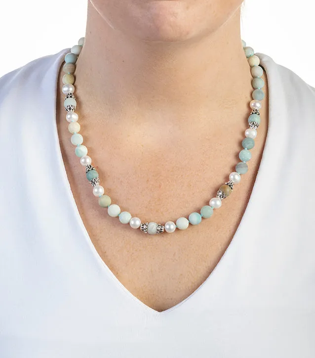 Amazonite, pearl, and silver necklace